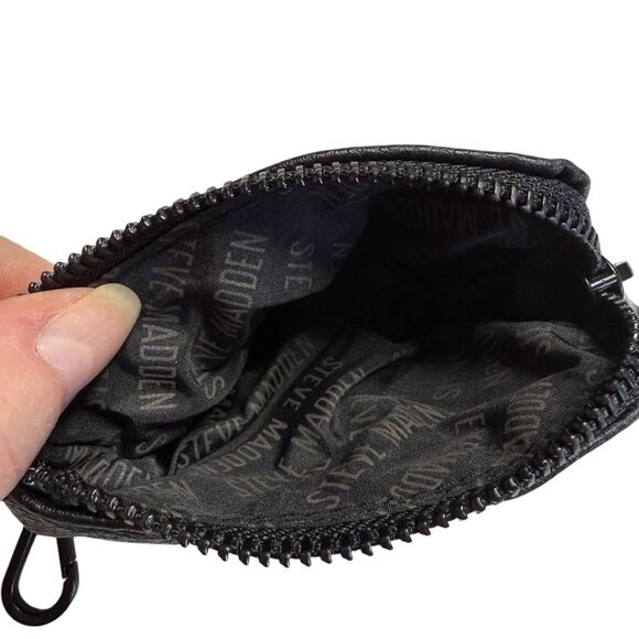 Steve Madden Coin Purse Key Ring Fob Black on Black Faux Pebbled Leather - Picture 8 of 11